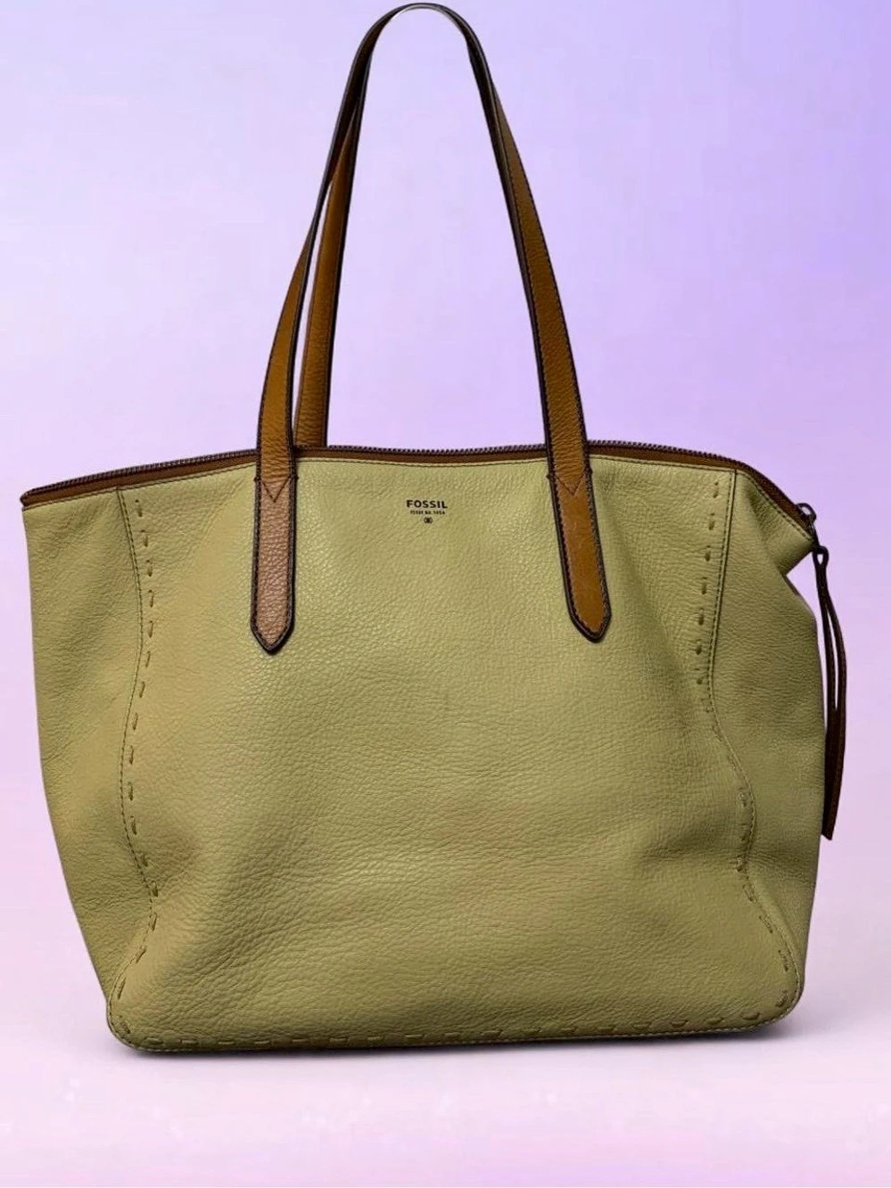 Fossil Green & Brown Leather-Look Tote Bag